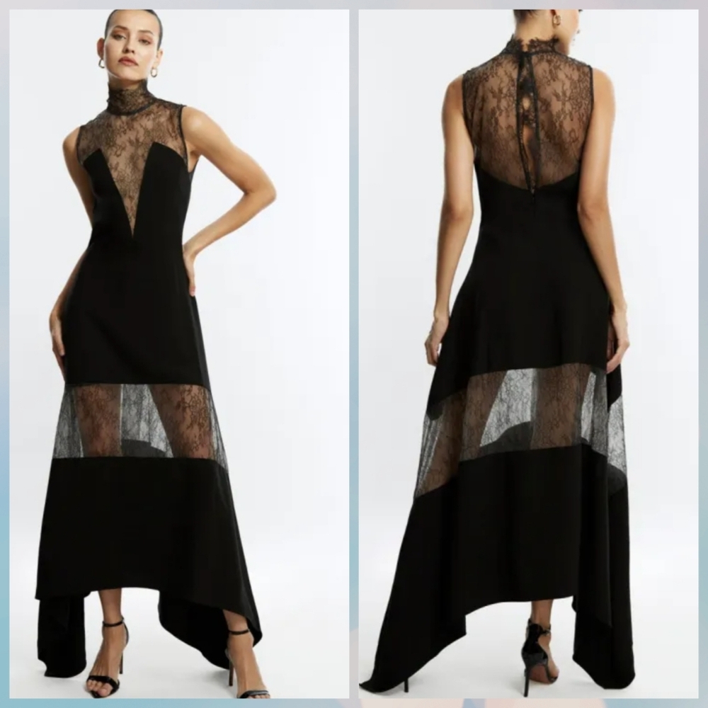 New BCBGMaxAzria Black  Maxi Asymmetrical Lace Dress - Picture 3 of 3